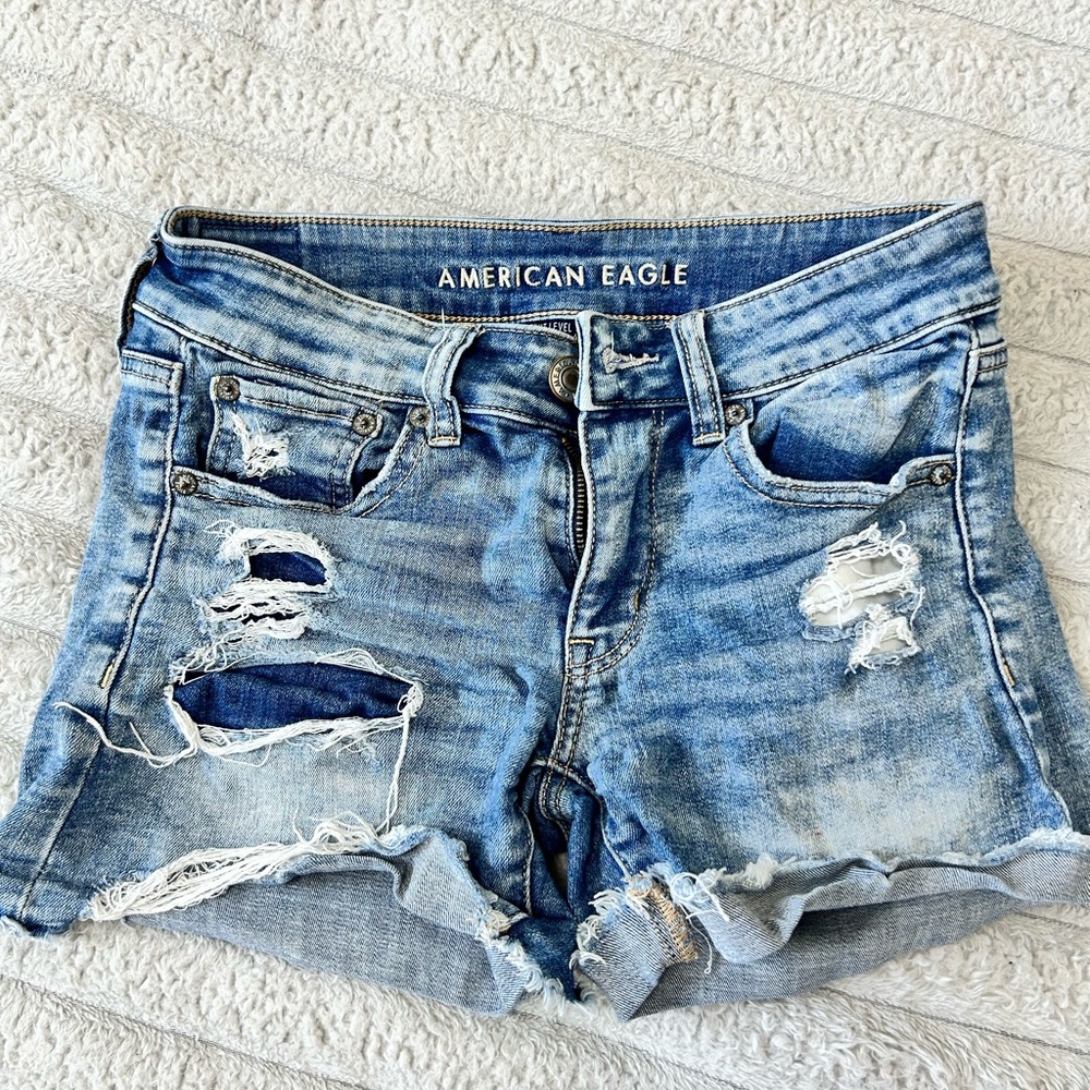 American Eagle Outfitters Blue Distressed Denim Shorts
